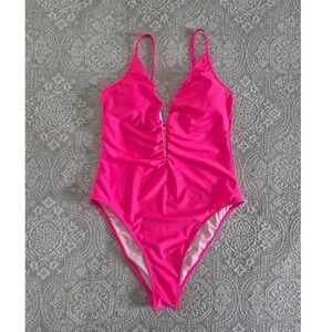 Cupshe Womens Hot Pink Ruched Deep V-Neck One Piece Swimsuit Size L